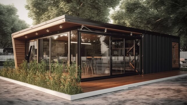Eco Friendly Wooden Container Coffee Shop and Bakery: 7x4 Meters, Surrounded by Greenery in a Park Setting, Generative AI Illustration