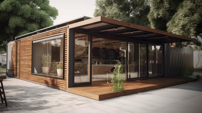 Eco Friendly Wooden Container Coffee Shop and Bakery: 7x4 Meters, Surrounded by Greenery in a Park Setting, Generative AI Illustration