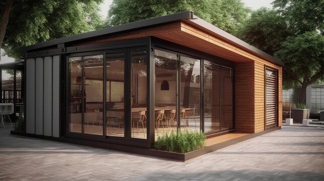 Eco Friendly Wooden Container Coffee Shop and Bakery: 7x4 Meters, Surrounded by Greenery in a Park Setting, Generative AI Illustration
