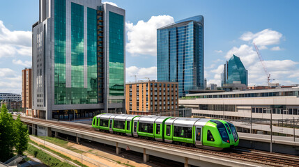 Fototapeta premium A symbol of the sustainable future of transportation in urban areas. This modern and stylish train, powered by renewable energy sources, runs quietly and efficiently on rails in the city center.