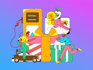 Vector internet operation hand-drawn illustration of people getting discounts for refueling the car
