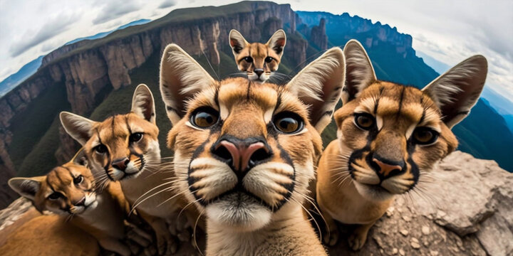 A Group Of Puma Taking Selfie Hyper Realistic Realism Style Generative Ai Digital Illustration Part#140423