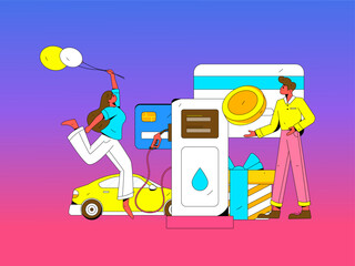 Vector internet operation hand-drawn illustration of people getting discounts for refueling the car
