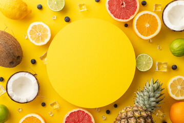 Bring some trendy and stylish summer vibes to your marketing with this top view photo of coconut pineapple, citrus fruits, and an empty circle for text on a vibrant yellow background