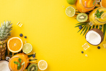 Impress your followers with this stylish flat lay top view photo of citrus juice cocktails in glass jars, nestled among palm leaves coconut fruit on a sunny yellow background