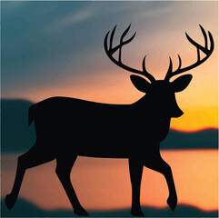 Fallow deer silhouette with a colorful sunset.vector Artwork