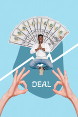 Photo collage artwork minimal picture of dreamy guy praying getting money deal isolated creative background