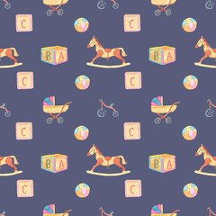 Watercolour pattern, children's toys, unisex, for boys and girls, wrapping paper print, pram, horse, cubes and alphabet, ball, bicycle.