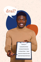 Photo portrait of young business man collage interviewer asking you put signature paper notepad...
