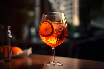 Naklejka premium glass of aperol spritz cocktail isolated on wooden table