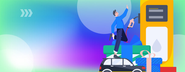Vector internet operation hand-drawn illustration of people getting discounts for refueling the car
