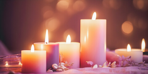 Obraz na płótnie Canvas Candles on a soft focus background with copy space, burning lights, spa atmosphere, template for presentation - generative AI