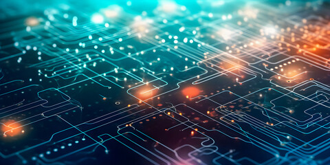 Abstract futuristic wire diagram, motherboard with glowing lines, soft focus computer chips, copy space background - generative AI