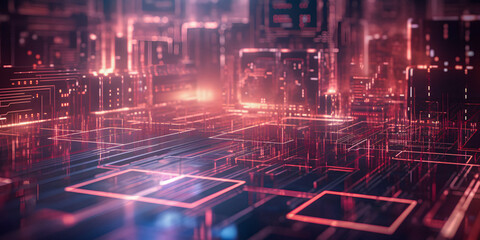 Abstract futuristic wire diagram, motherboard with glowing lines, soft focus computer chips, copy space background - generative AI
