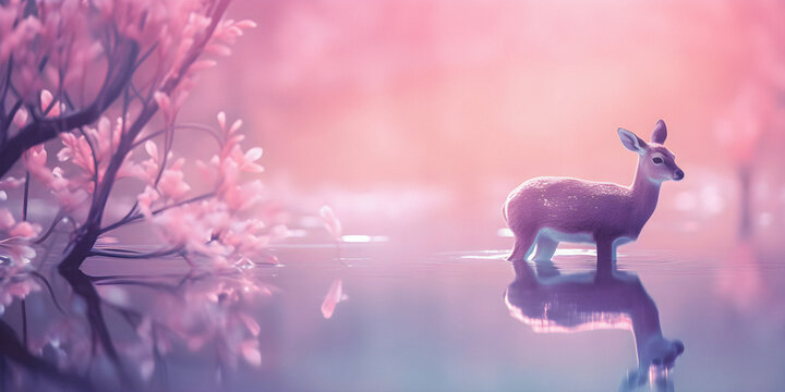 Soft focus background with a deer in a pond, copy space, pink and purple presentation template - generative AI © Alan