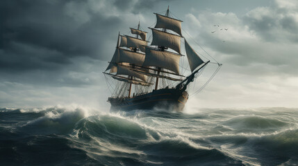 Obraz premium Paintings sea landscape. Fine art, old ship in the sea. AI generated