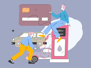 Vector internet operation hand-drawn illustration of people getting discounts for refueling the car
