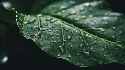 Close-up of a green leaf with raindrops realistic. Al generated