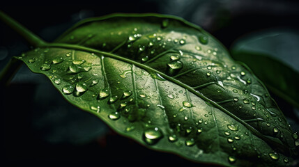 Close-up of a green leaf with raindrops realistic. Al generated