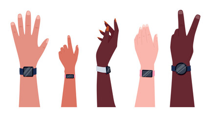 Male and female Hands of people of different ethnic groups with smart watch or fitness bracelet. Set of vector flat arms.