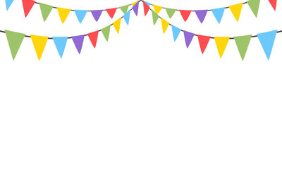 Celebrate hanging triangular garlands. Colorful perspective flags party isolated on white background. Birthday, Christmas, anniversary, and festival fair concept. Vector illustration.
