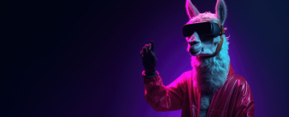 stylish Llama in virtual reality glasses, neon light, Generative AI