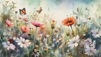 Obraz na płótnie Canvas Watercolor painting of a spring meadow full of blooming flowers and butterflies. Spring aquarelle wallpaper. Generative AI.