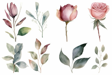 Watercolor floral bouquet rose with green blush leaves, for wedding invitations, greetings, wallpapers, fashion, prints. flowers. AI Generated