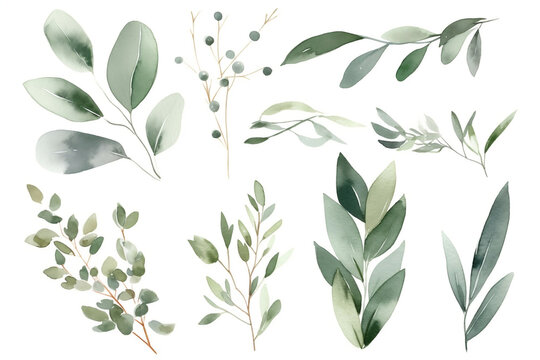 Watercolor floral bouquet branches with green blush leaves, for wedding invitations, greetings, wallpapers, fashion, prints. Eucalyptus, olive green leaves.