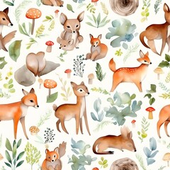 Delight in the charm of this watercolor woodland creatures pattern, showcasing adorable deer, foxes, squirrels, and birds interacting among soft-toned trees, flowers, and leaves. Ideal for textiles