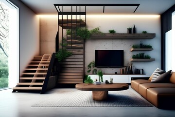 big tv on the wall in modern living room with coffee table and wooden stairs - generative ai
