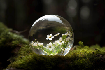 clear glass sphere with small delicate white flowers inside against a blurred forest landscape, protecting nature concept, generative AI
