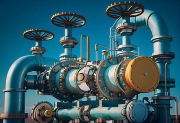 Obraz premium Industrial pipelines and valves on blue sky background, banner. 3d illustration. Generative AI