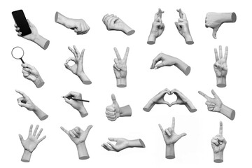 Set of 3d hands showing gestures ok, peace, thumb up, dislike, point to object, shaka, rock,...