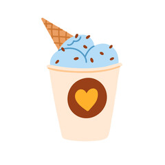 Ice-cream balls in takeaway paper cup. Cold frozen dessert, sweet dairy snack in cardboard mug, bucket. Icecream served, decorated with sprinkles. Flat vector illustration isolated on white background