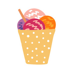 Ice cream in a cup hand drawn illustration. Cartoon style flat design, isolated vector. Summer food, seasonal print, menu element, holidays, vacations, beach, pool party, gelato, frozen yogurt