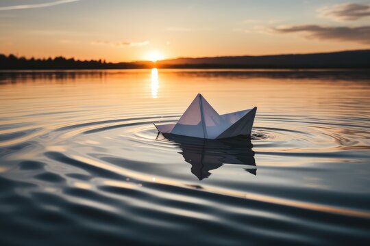 Paper boat sinks on sea or river at sunset. Generative AI