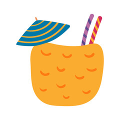 Tropical cocktail in a pineapple hand drawn illustration. Cartoon style flat design, isolated vector. Exotic summer drink, seasonal print, menu element, holidays, vacations, beach, pool party