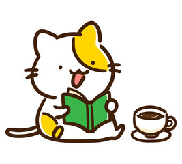 コーヒーを飲みながら読書するかわいい手書き風のねこイラスト