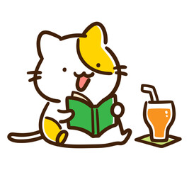 オレンジジュースを飲みながら読書するかわいい手書き風のねこイラスト