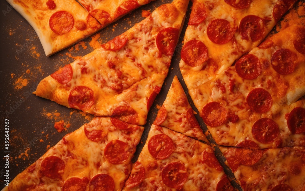 Wall mural Tasty pepperoni pizza and cooking ingredients tomatoes basil on black concrete background. Top view of hot pepperoni pizza. With copy space for text. Flat lay. Banner. Generative Ai.