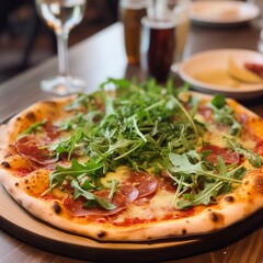 Salami pizza with fresh arugula. Generative AI.