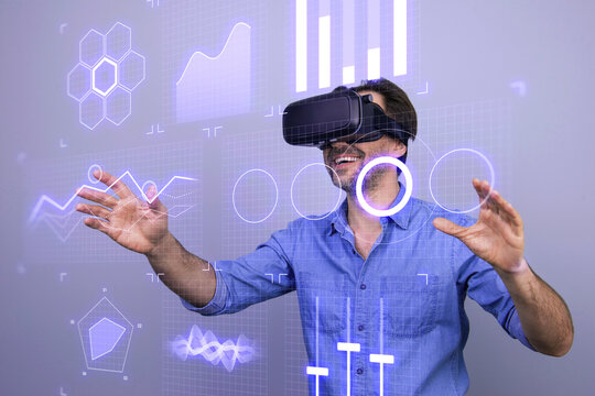 3d graphics template collage of worker guy job work on startup company data using cyberspace vr goggles