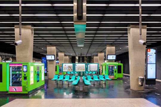 Puteaux, France - April 9, 2023: Platforms of La Defense - Grande Arche underground station on Line A of the RER public transportation network of Ile-de-France region.