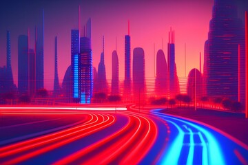 Obraz na płótnie Canvas 3D cityscape with red and light blue light trail on the road. - generative ai 