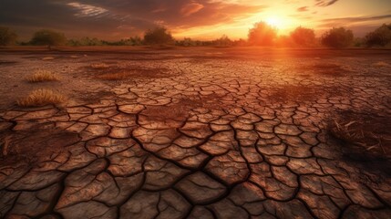 Land with dry and cracked ground. Desert,Global warming background.Conceptual image of climate change. Generative Ai.
