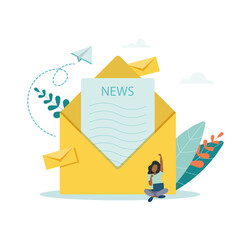 Concept woman got good news. Envelope with news banner for the site. Flat vector illustration.
