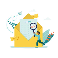 Spreading false information. Press, newspaper journalists, editors. Fake news, junk news content, misinformation in media concept. Flat vector illustration.
