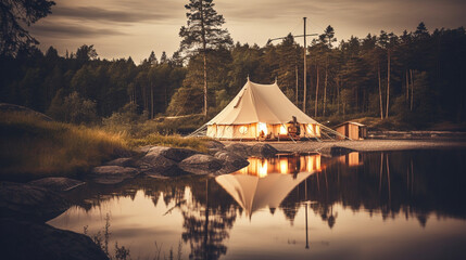 Luxury Camping at its Best: Glamping with Copyspace for Your Own Text. Ai Generated Art. Luxurious travel Glamping Images Lots of Copyspace.