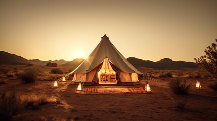 Bringing Glamour to the Great Outdoors: Glamping in Namibia. Ai Generated Art. Luxurious travel Glamping Images from the Namibian Desert to the Canadian Rocky Mountains with lots of Copyspace. - obrazy, fototapety, plakaty